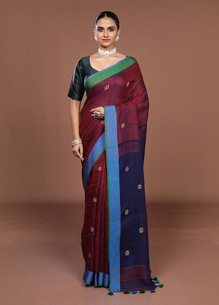 Blue Linen Silk Saree With Blouse Piece