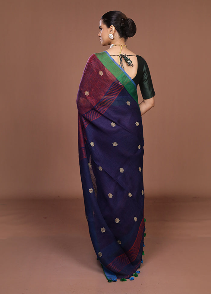 Blue Linen Silk Saree With Blouse Piece