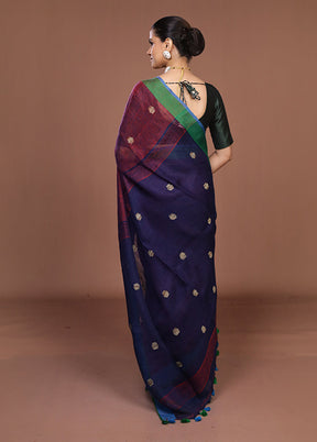 Blue Linen Silk Saree With Blouse Piece