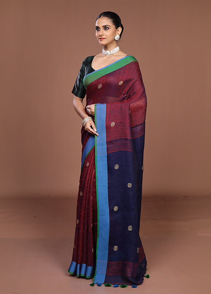 Blue Linen Silk Saree With Blouse Piece