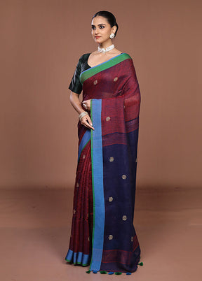 Blue Linen Silk Saree With Blouse Piece