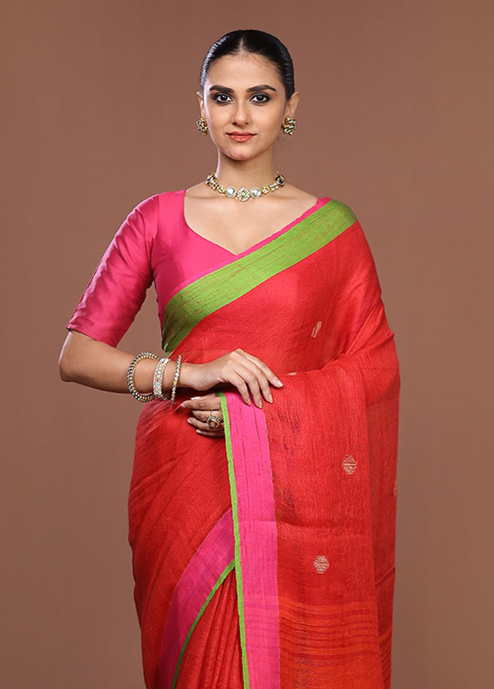 Red Linen Silk Saree With Blouse Piece