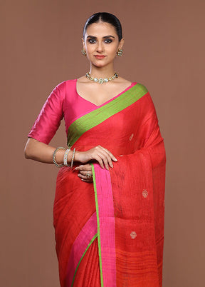 Red Linen Silk Saree With Blouse Piece