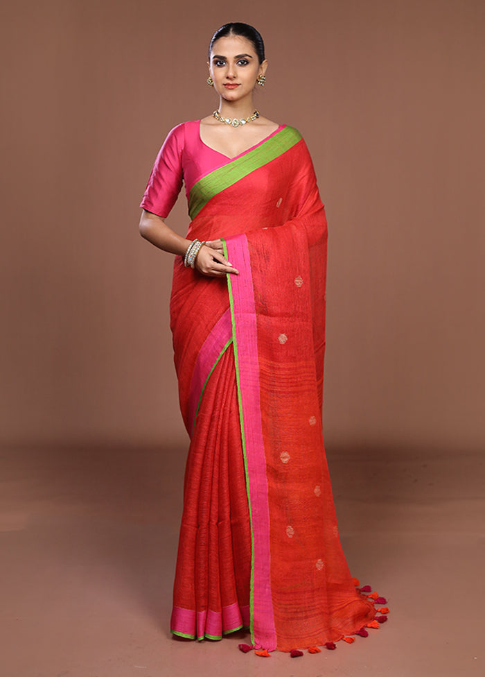 Red Linen Silk Saree With Blouse Piece