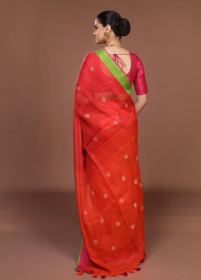 Red Linen Silk Saree With Blouse Piece