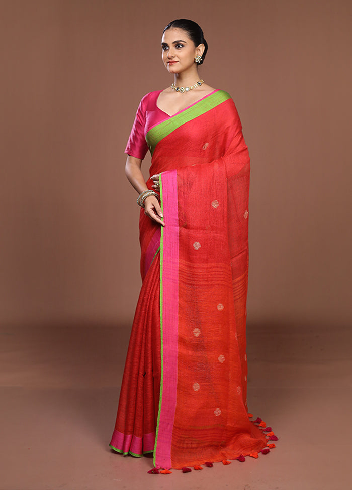 Red Linen Silk Saree With Blouse Piece