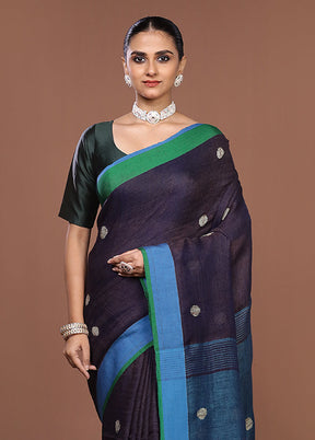 Blue Linen Silk Saree With Blouse Piece