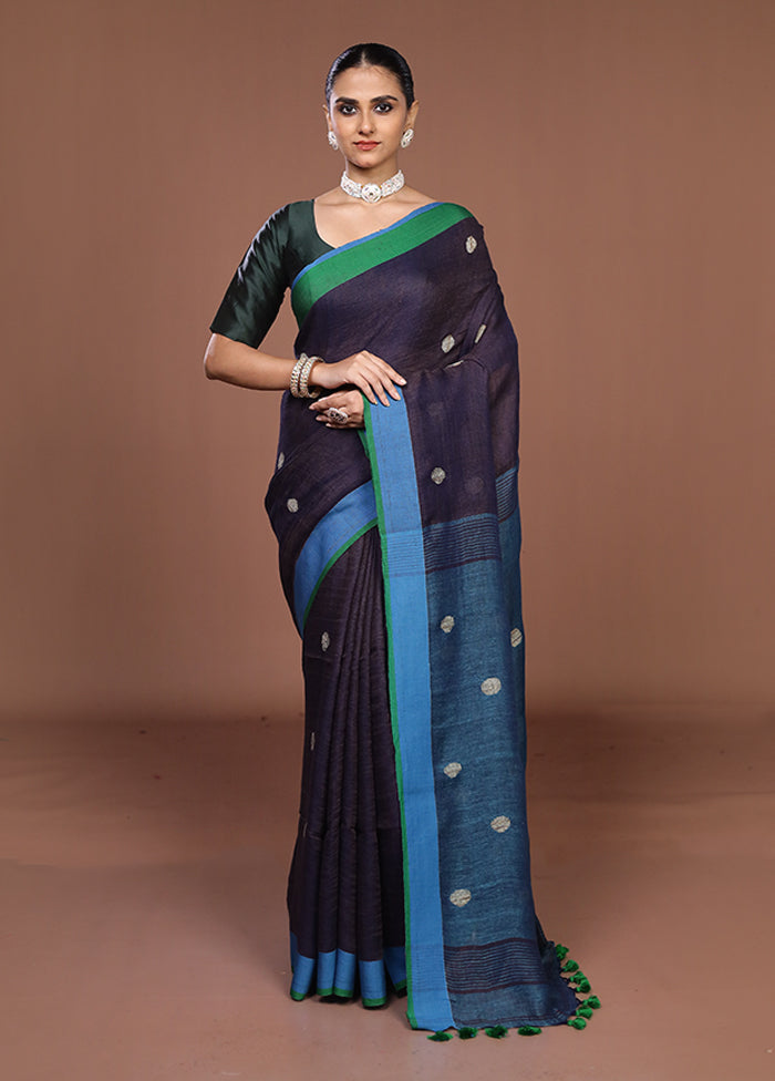 Blue Linen Silk Saree With Blouse Piece