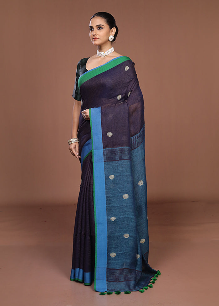 Blue Linen Silk Saree With Blouse Piece
