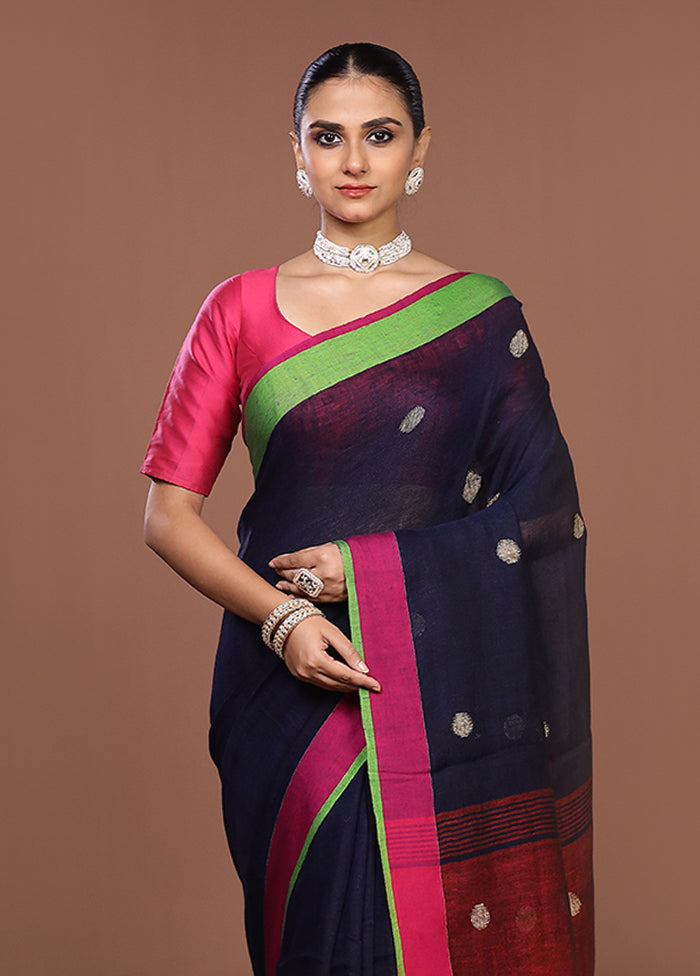 Blue Linen Silk Saree With Blouse Piece
