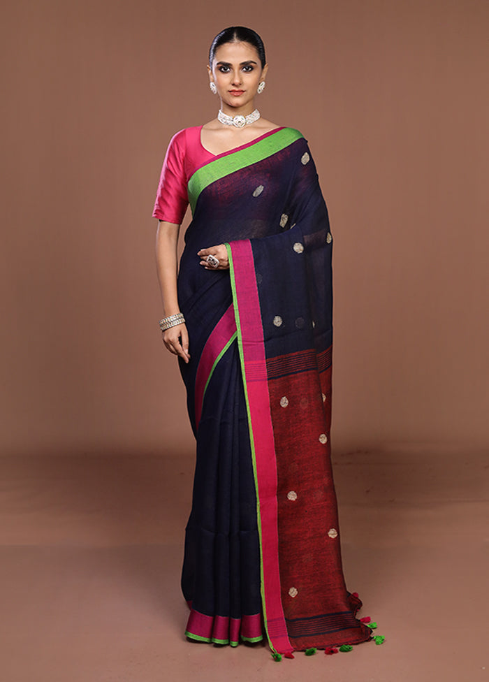 Blue Linen Silk Saree With Blouse Piece