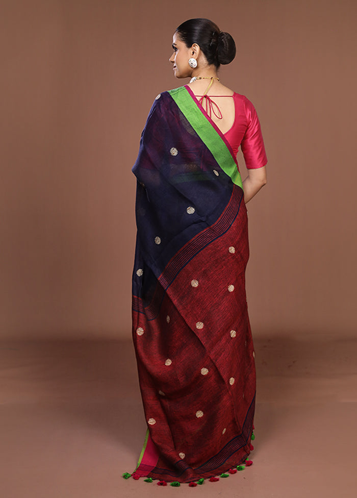 Blue Linen Silk Saree With Blouse Piece