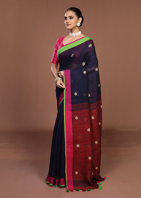 Blue Linen Silk Saree With Blouse Piece