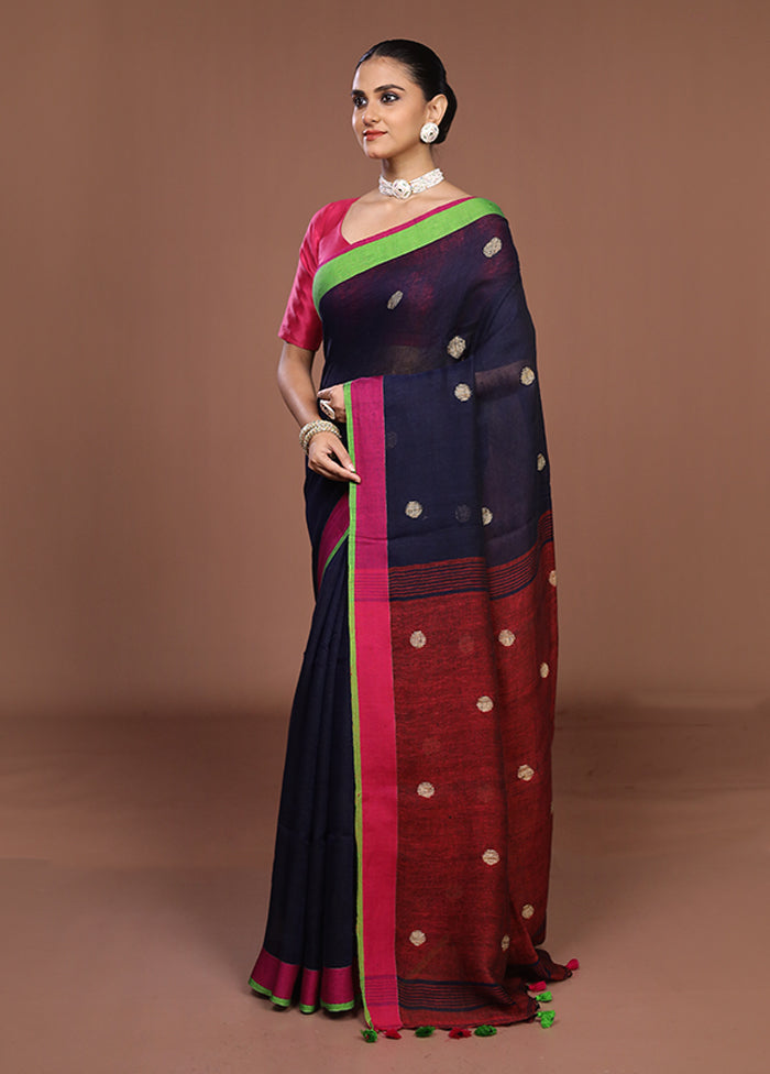 Blue Linen Silk Saree With Blouse Piece