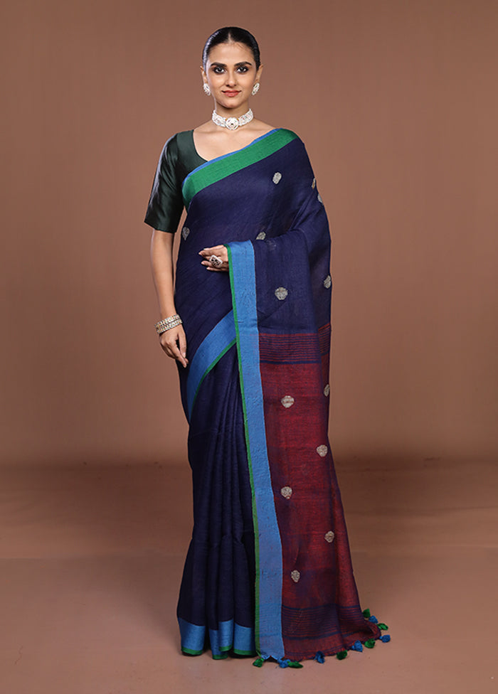 Blue Linen Silk Saree With Blouse Piece
