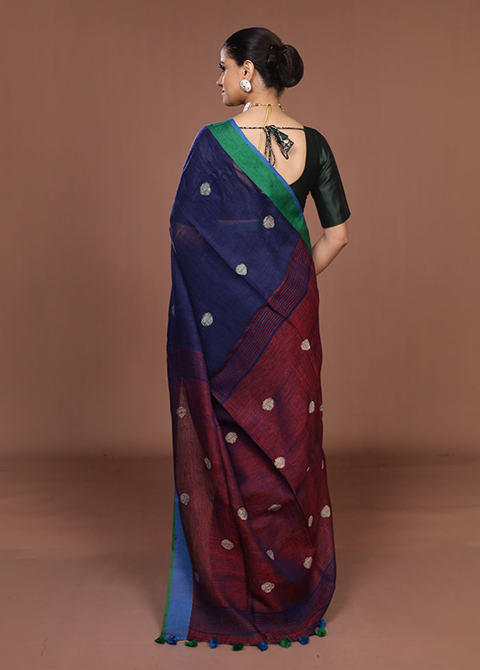 Blue Linen Silk Saree With Blouse Piece