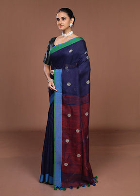 Blue Linen Silk Saree With Blouse Piece