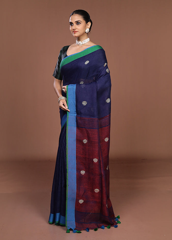 Blue Linen Silk Saree With Blouse Piece