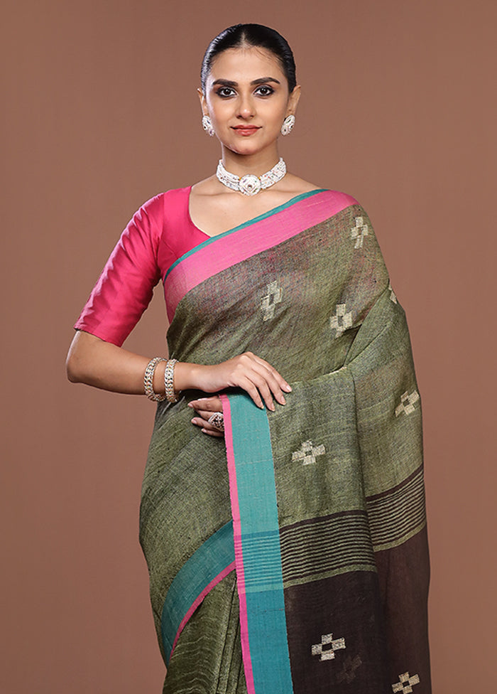 Brown Linen Silk Saree With Blouse Piece