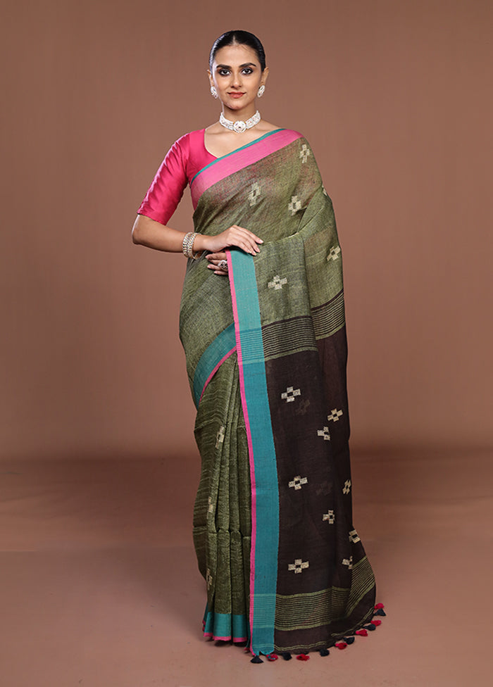 Brown Linen Silk Saree With Blouse Piece