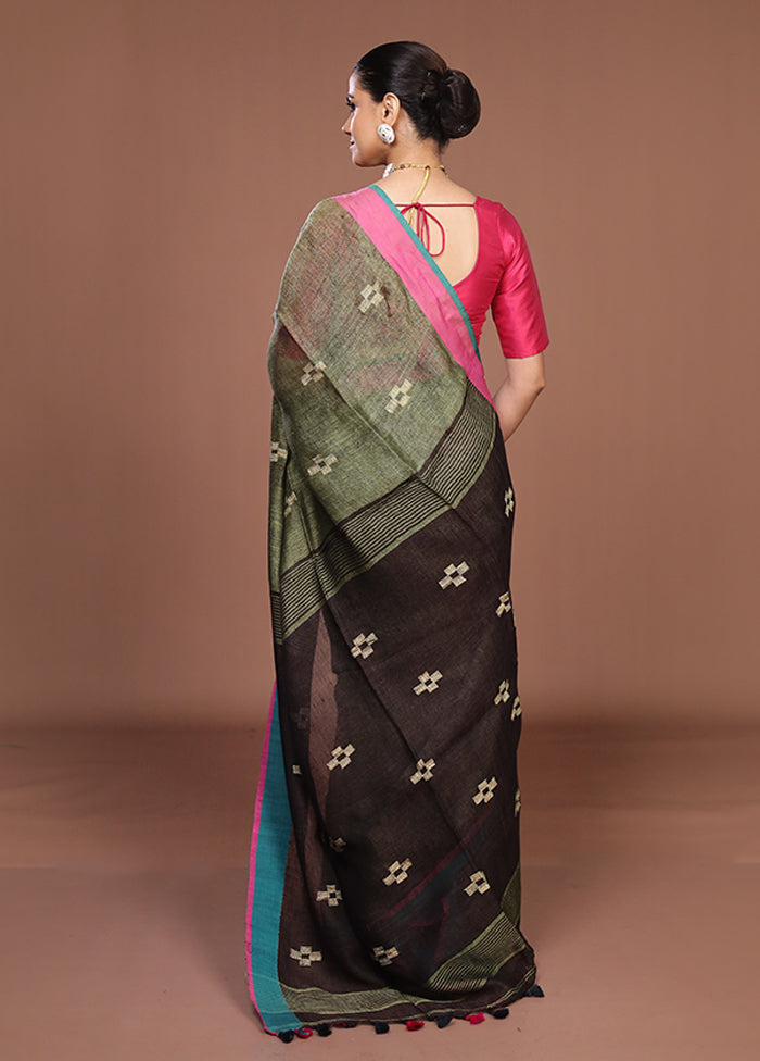 Brown Linen Silk Saree With Blouse Piece