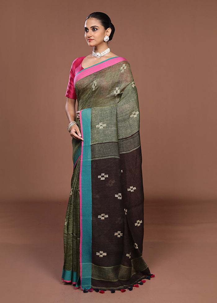 Brown Linen Silk Saree With Blouse Piece
