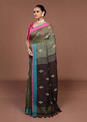 Brown Linen Silk Saree With Blouse Piece