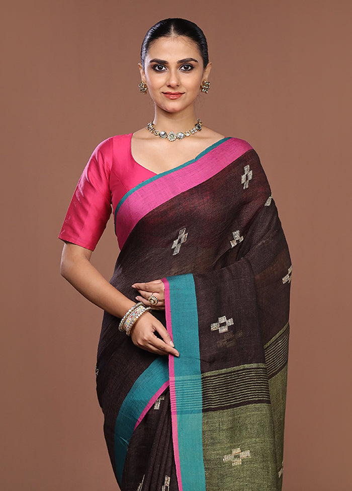 Brown Linen Silk Saree With Blouse Piece