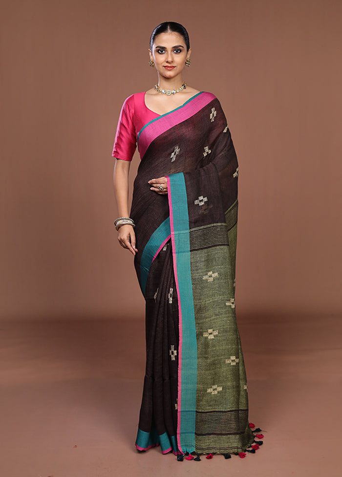 Brown Linen Silk Saree With Blouse Piece