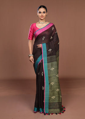 Brown Linen Silk Saree With Blouse Piece