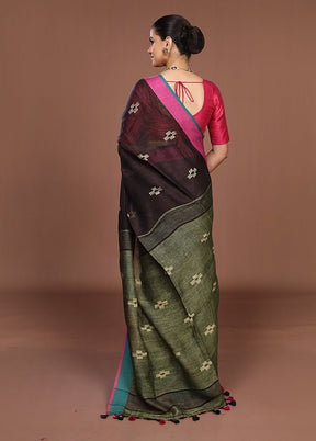 Brown Linen Silk Saree With Blouse Piece