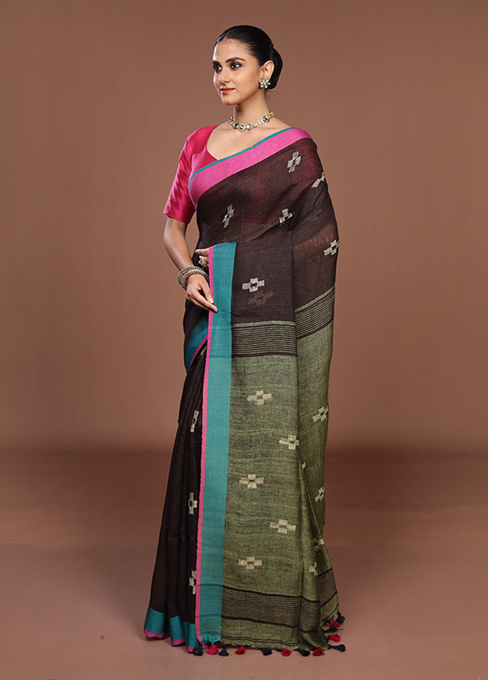Brown Linen Silk Saree With Blouse Piece