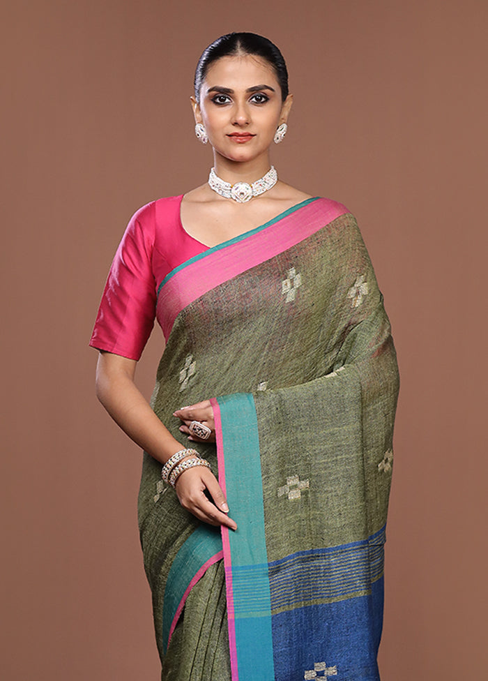 Blue Linen Silk Saree With Blouse Piece