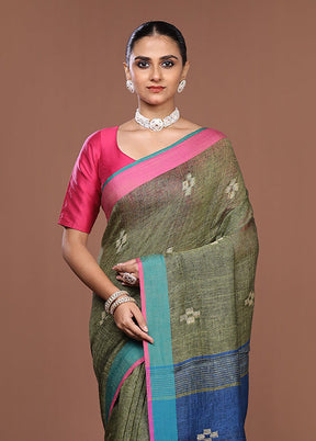 Blue Linen Silk Saree With Blouse Piece