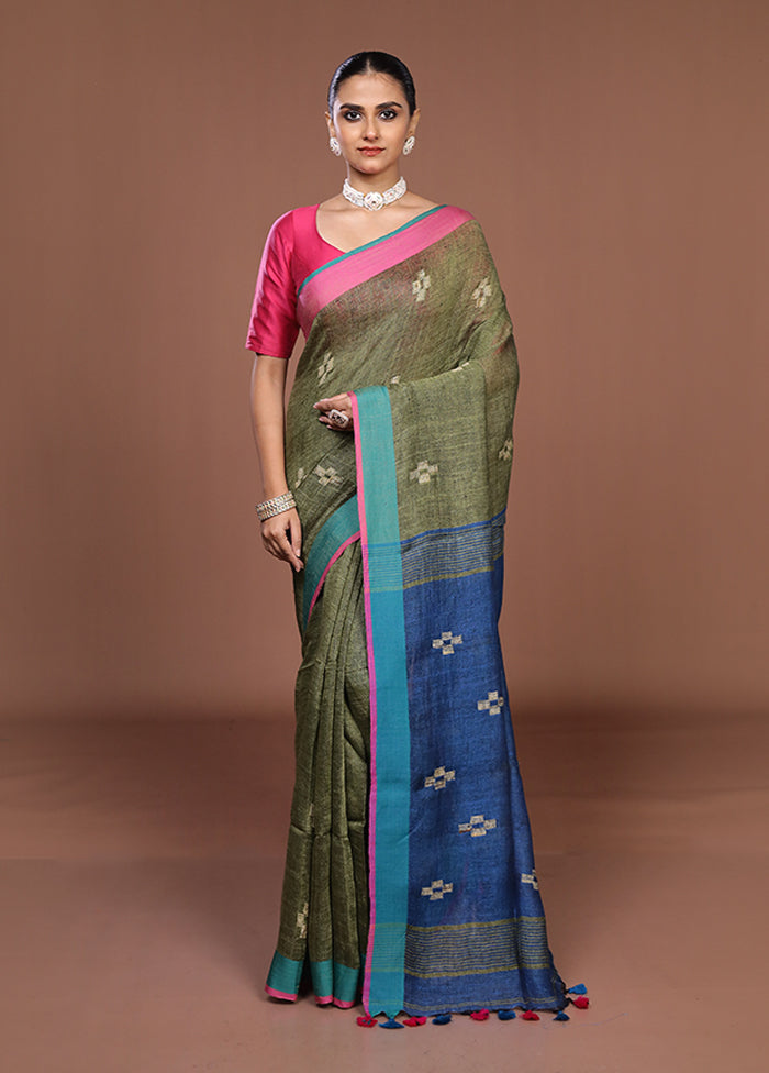 Blue Linen Silk Saree With Blouse Piece