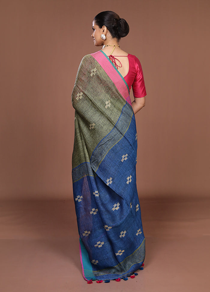 Blue Linen Silk Saree With Blouse Piece