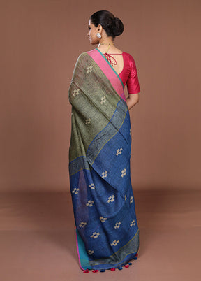 Blue Linen Silk Saree With Blouse Piece