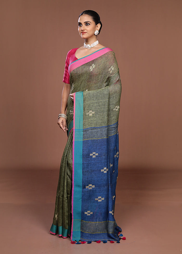 Blue Linen Silk Saree With Blouse Piece