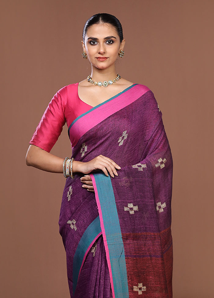 Purple Linen Silk Saree With Blouse Piece