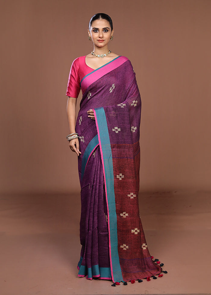 Purple Linen Silk Saree With Blouse Piece