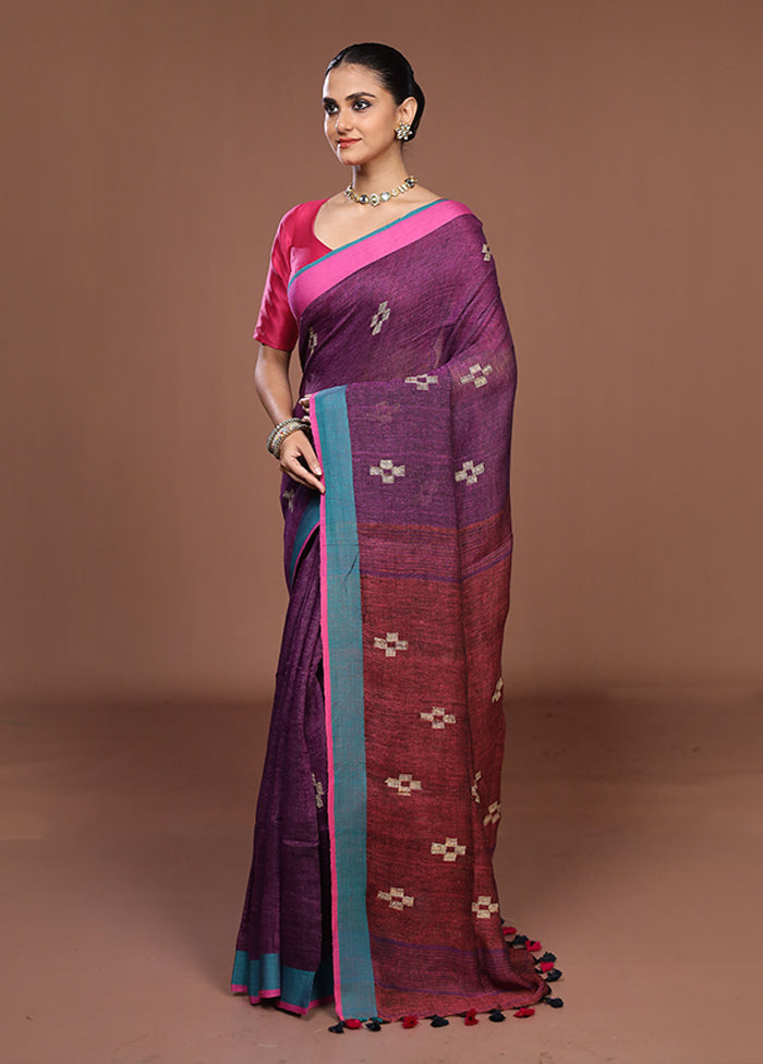 Purple Linen Silk Saree With Blouse Piece