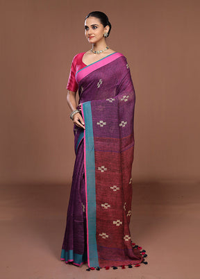 Purple Linen Silk Saree With Blouse Piece