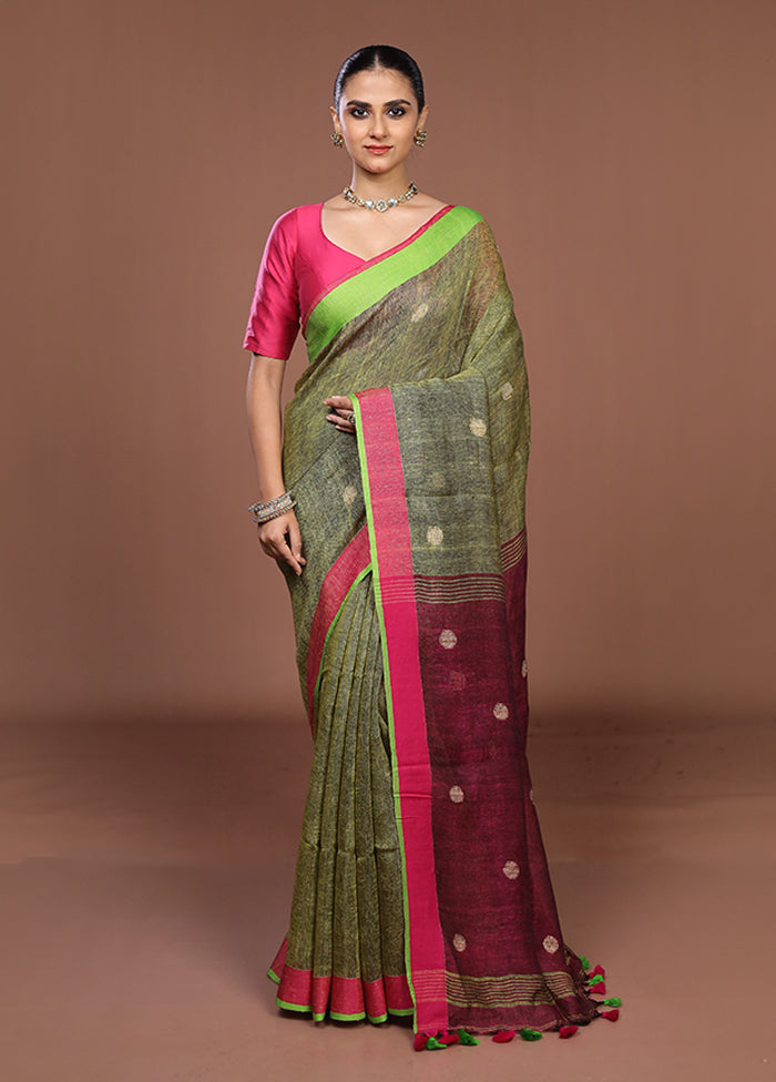 Blue Linen Silk Saree With Blouse Piece