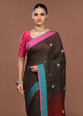Grey Linen Silk Saree With Blouse Piece