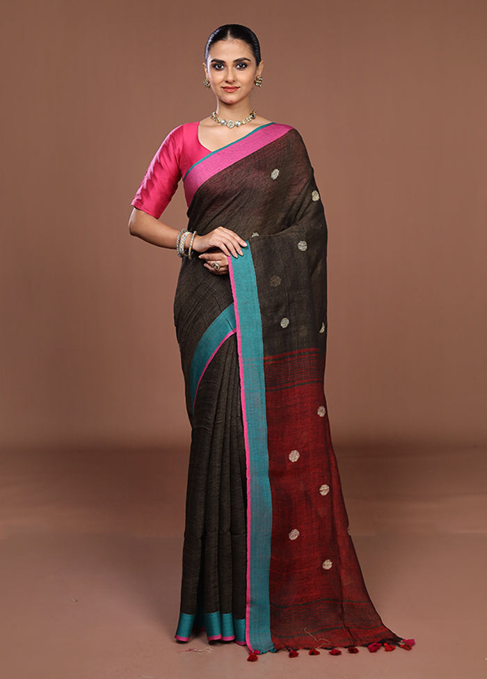 Grey Linen Silk Saree With Blouse Piece