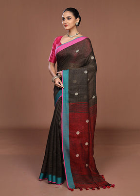 Grey Linen Silk Saree With Blouse Piece