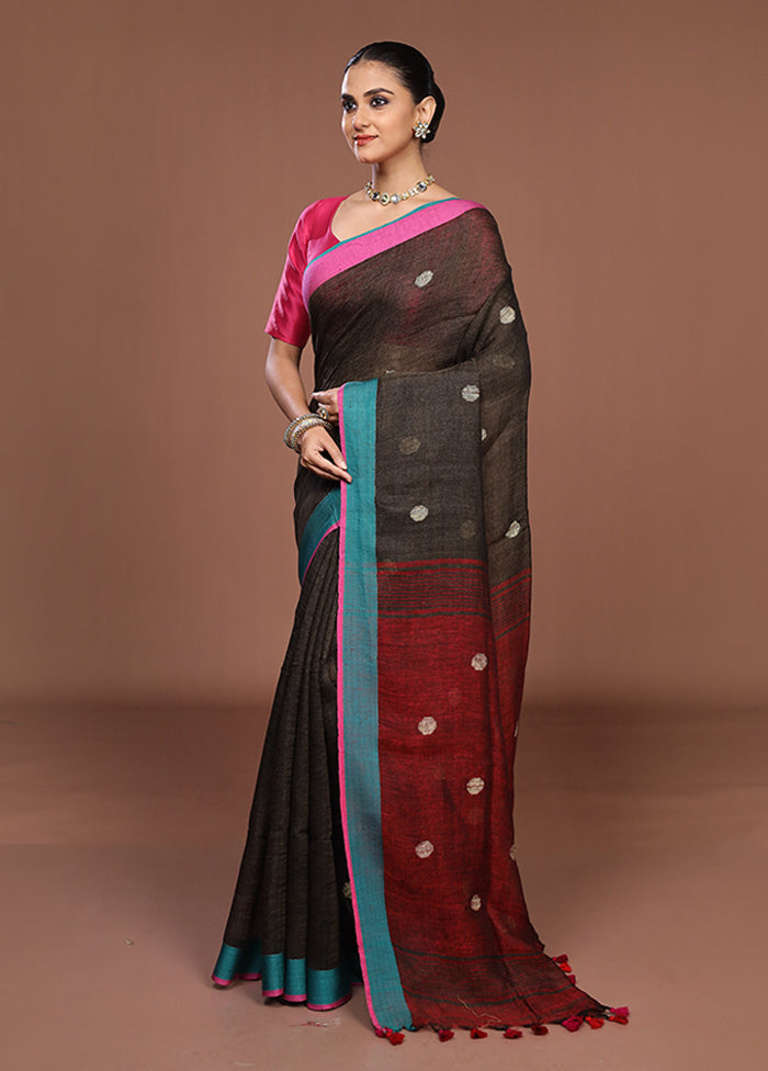 Grey Linen Silk Saree With Blouse Piece