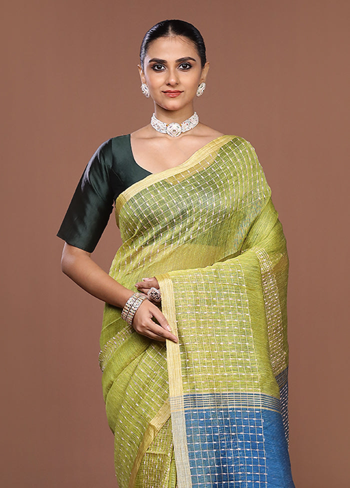 Green Linen Silk Saree With Blouse Piece