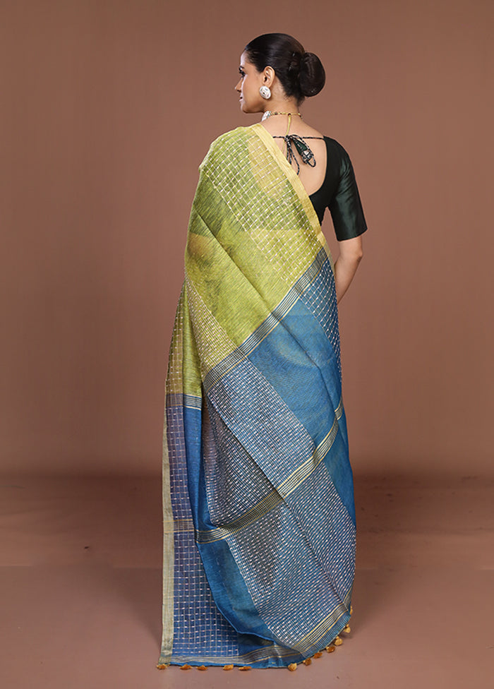 Green Linen Silk Saree With Blouse Piece
