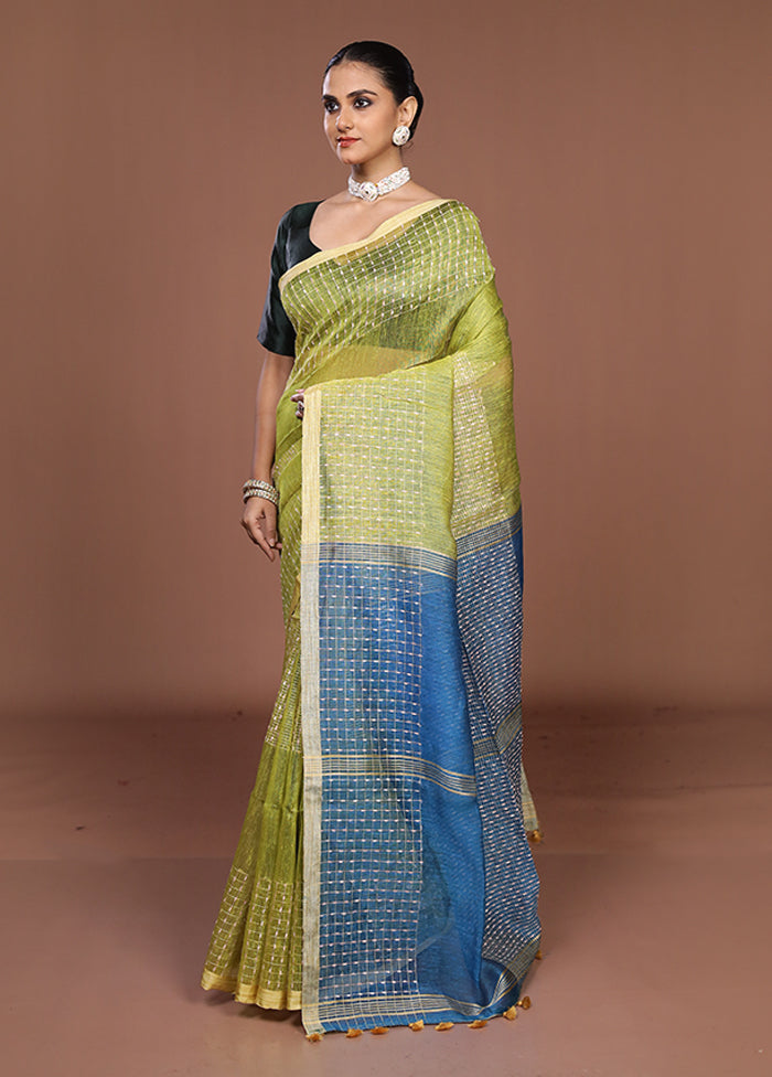 Green Linen Silk Saree With Blouse Piece